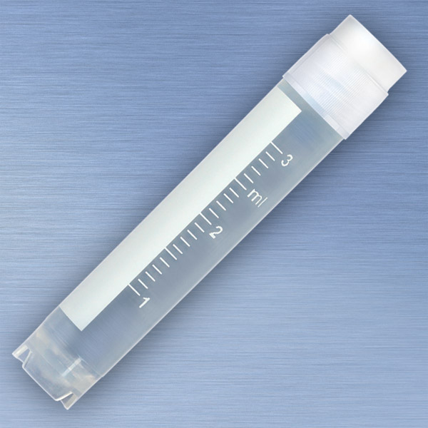 Globe Scientific CryoCLEAR vials, 3.0mL, STERILE, External Threads, Attached Screwcap with Co-Molded Thermoplastic Elastomer (TPE) Sealing Layer, Round Bottom, Self-Standing, Printed Graduations, Writing Space and Barcode, 50/Bag cryogenic vials; cryogenic tubes; storage tubes; sterile tubes; cryogenic